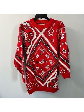 Vintage Traffic Jam Bandana Print Red Crew Neck Oversized Sweater Medium